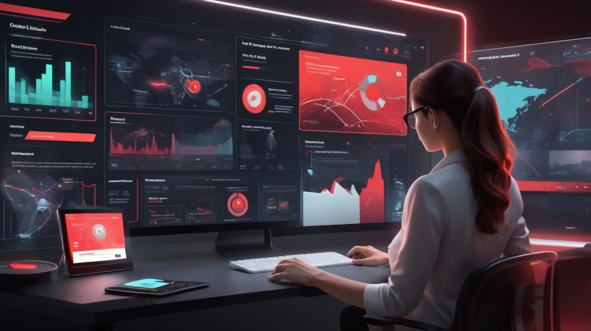 A futuristic digital interface displaying YouTube analytics and audience insights. A glowing high-tech screen showcases demographic data, engagement charts, and video thumbnails, incorporating subtle YouTube branding. A content creator, dressed professionally, is analyzing statistics on a sleek monitor. The scene features holographic UI elements, bright neon highlights, and a modern red, white, and black color scheme, emphasizing a data-driven, strategic digital marketing aesthetic.
